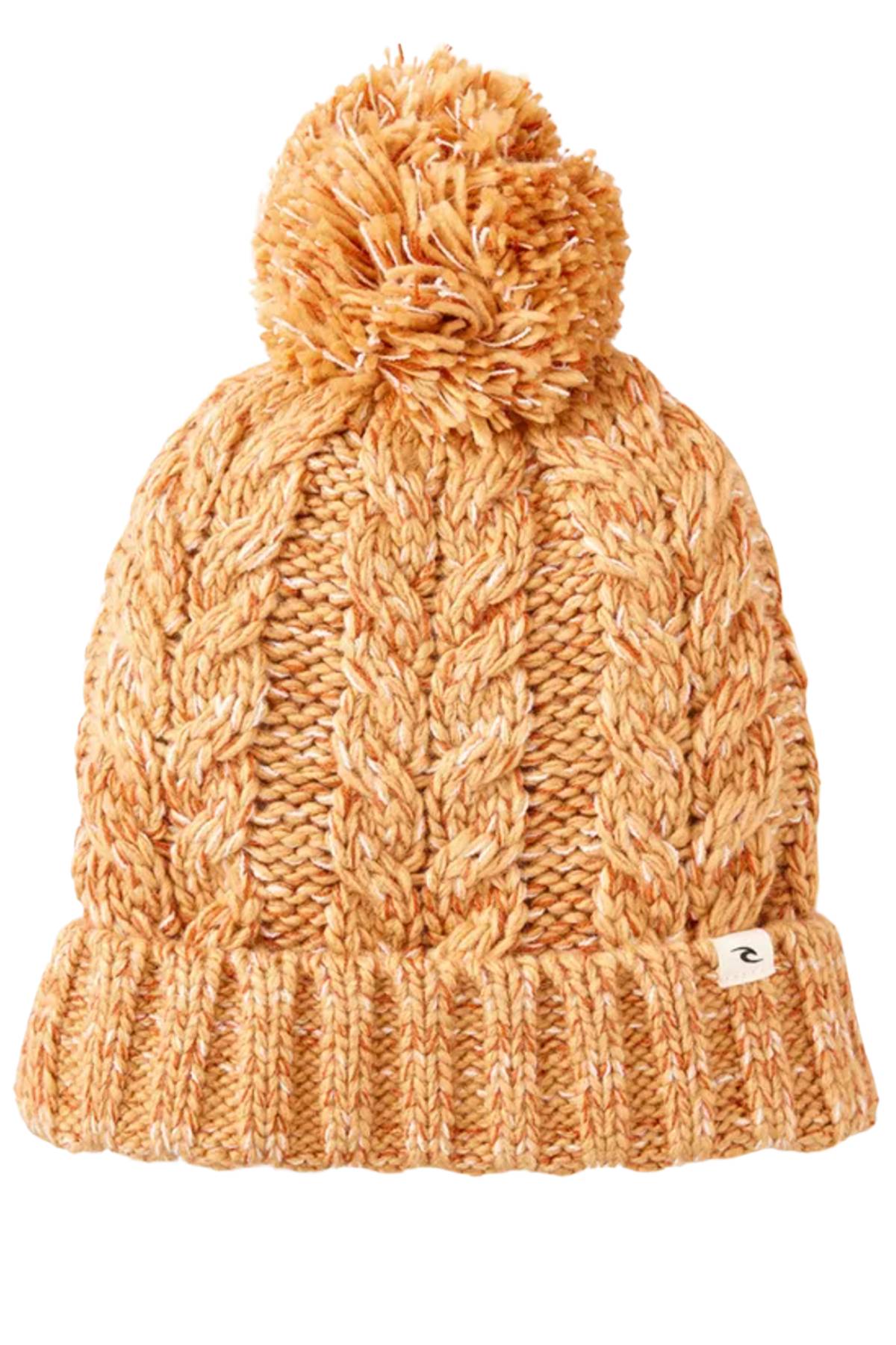 The Rip Curl Classic Regular Pom Pom Beanie in yellow-orange features a chunky cable pattern, folded brim, and large pom-pom, all crafted from soft acrylic yarn.