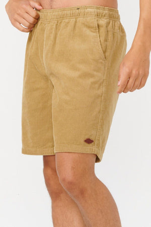 A person wearing Rip Curl Classic Surf Cord Volley shorts, featuring an elastic waistband and side pockets, stands against a plain white background with only their lower torso and legs visible.