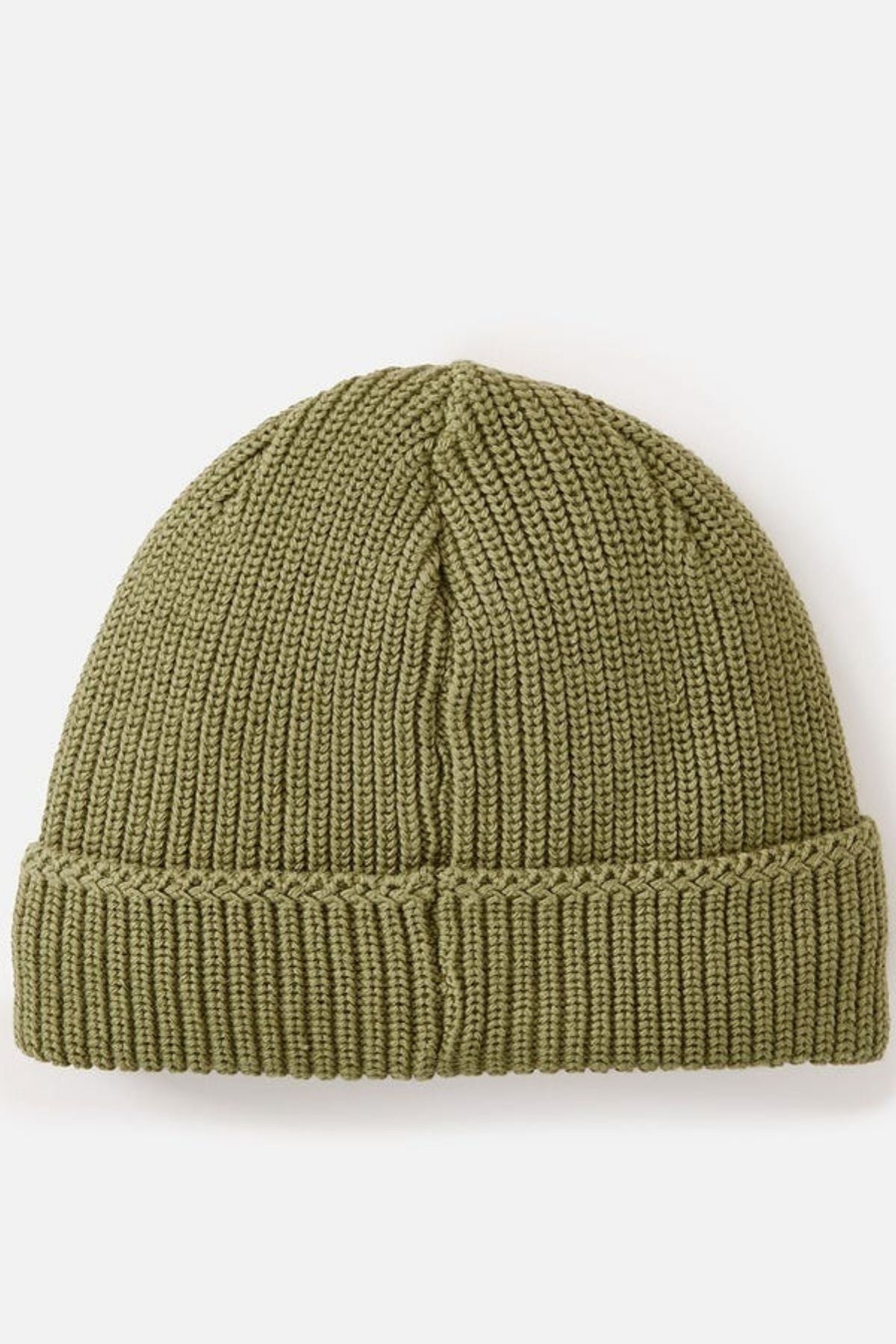 The Rip Curl Classic Surf Lined Reg Beanie is an olive green knitted cotton hat with a folded brim, perfect for outdoor adventures, shown flat on a white background.