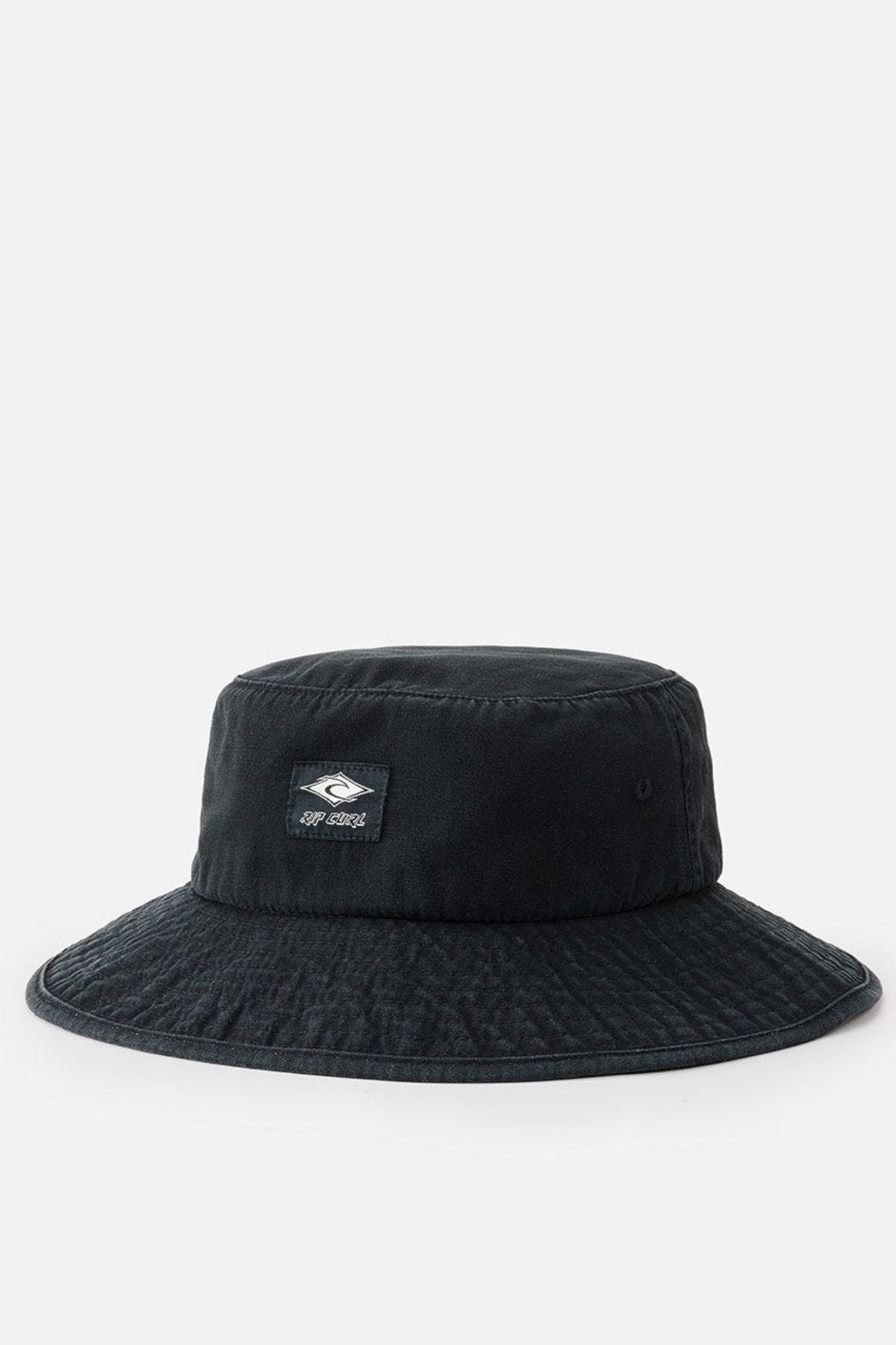 The Rip Curl Classic Surf Mid Brim Hat, in black and made from cotton, boasts a wide brim and a small rectangular logo patch on the front. Ideal for outdoor adventures, this hat is showcased against a plain white background.