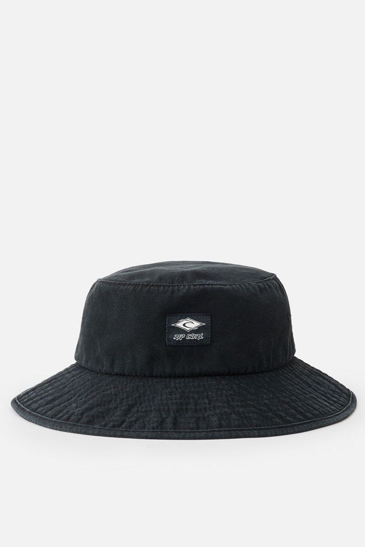 A Rip Curl Classic Surf Mid Brim Hat in black showcases a logo patch on the front with white graphic and text. Ideal for outdoor adventures, this cotton hat stands out stylishly against a plain white background.