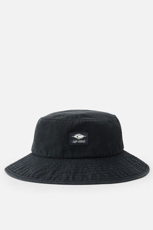 A Rip Curl Classic Surf Mid Brim Hat in black showcases a logo patch on the front with white graphic and text. Ideal for outdoor adventures, this cotton hat stands out stylishly against a plain white background.