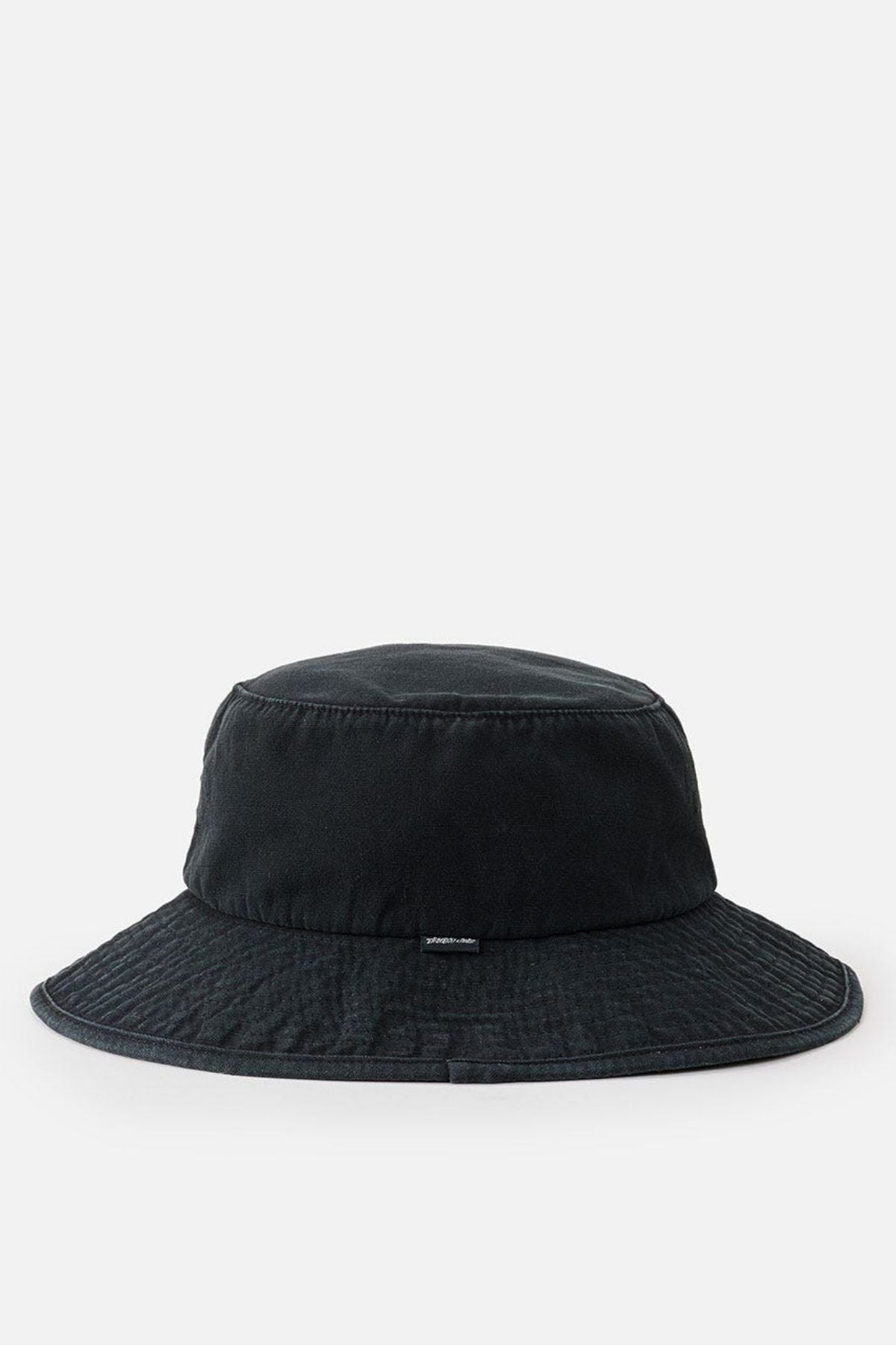 The Rip Curl Classic Surf Mid Brim Hat, in black, exhibits its cotton material and delicate stitching details with a wide, downward-sloping brim. Ideal for outdoor adventures, its sleek design is accentuated on a plain white background.