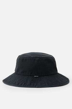 The Rip Curl Classic Surf Mid Brim Hat, in black, exhibits its cotton material and delicate stitching details with a wide, downward-sloping brim. Ideal for outdoor adventures, its sleek design is accentuated on a plain white background.