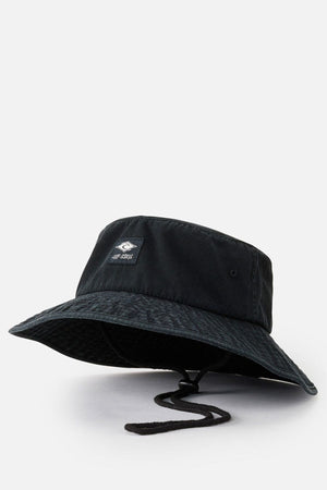 The Rip Curl Classic Surf Mid Brim Hat in black is ideal for outdoor adventures, featuring a wide brim and adjustable chin strap. It showcases a logo patch on the front, set against a plain white background, providing both style and functionality.