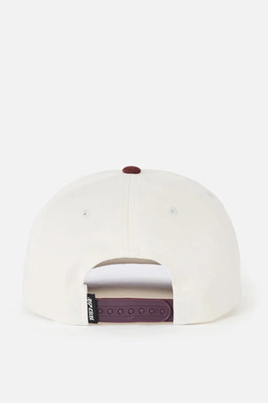 A view of the Rip Curl Classic Surf SB Cap from the back shows a white cotton snapback hat with a maroon adjustable snap closure and a small black tag on the left side. The top button is maroon, and the background is plain white.