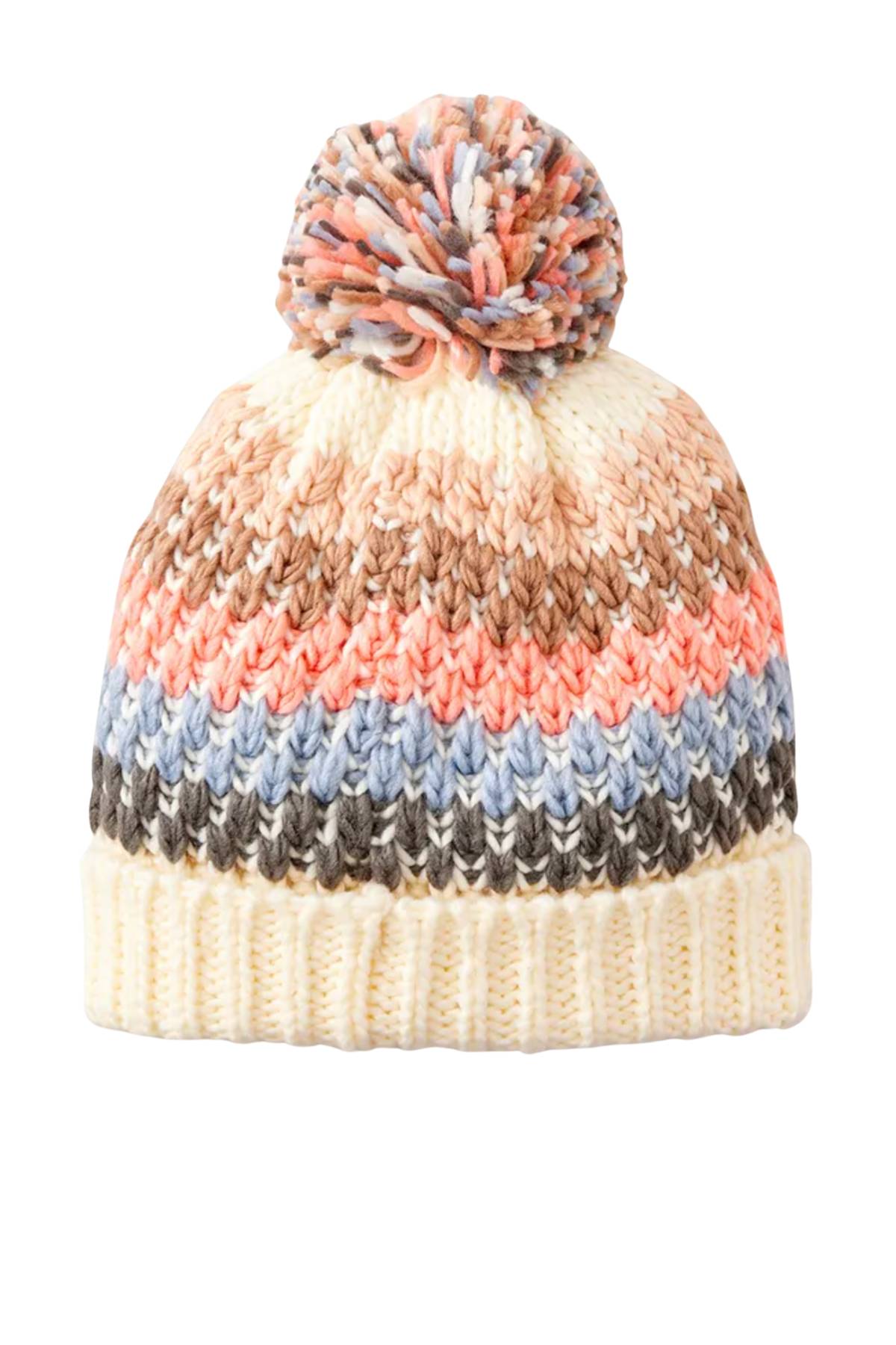 The Rip Curl Cosy Regular Pom Pom Beanie is a stylish winter accessory with horizontal stripes in cream, beige, pink, brown, and blue, a ribbed cream cuff, and a large pom-pom on top.