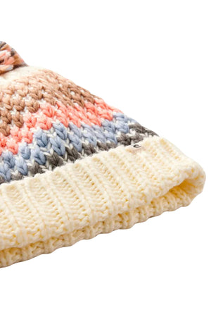 Close-up of the Rip Curl Cosy Regular Pom Pom Beanie, featuring a knit design with a cream ribbed brim and multicolored yarn in brown, pink, blue, and cream—an ideal winter accessory.