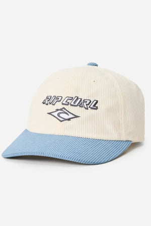 The Rip Curl Diamond 2.0 Adj Cap is a cream corduroy cap with a light blue brim, low-profile fit, and features a black embroidered "Rip Curl" logo with wave on the front.