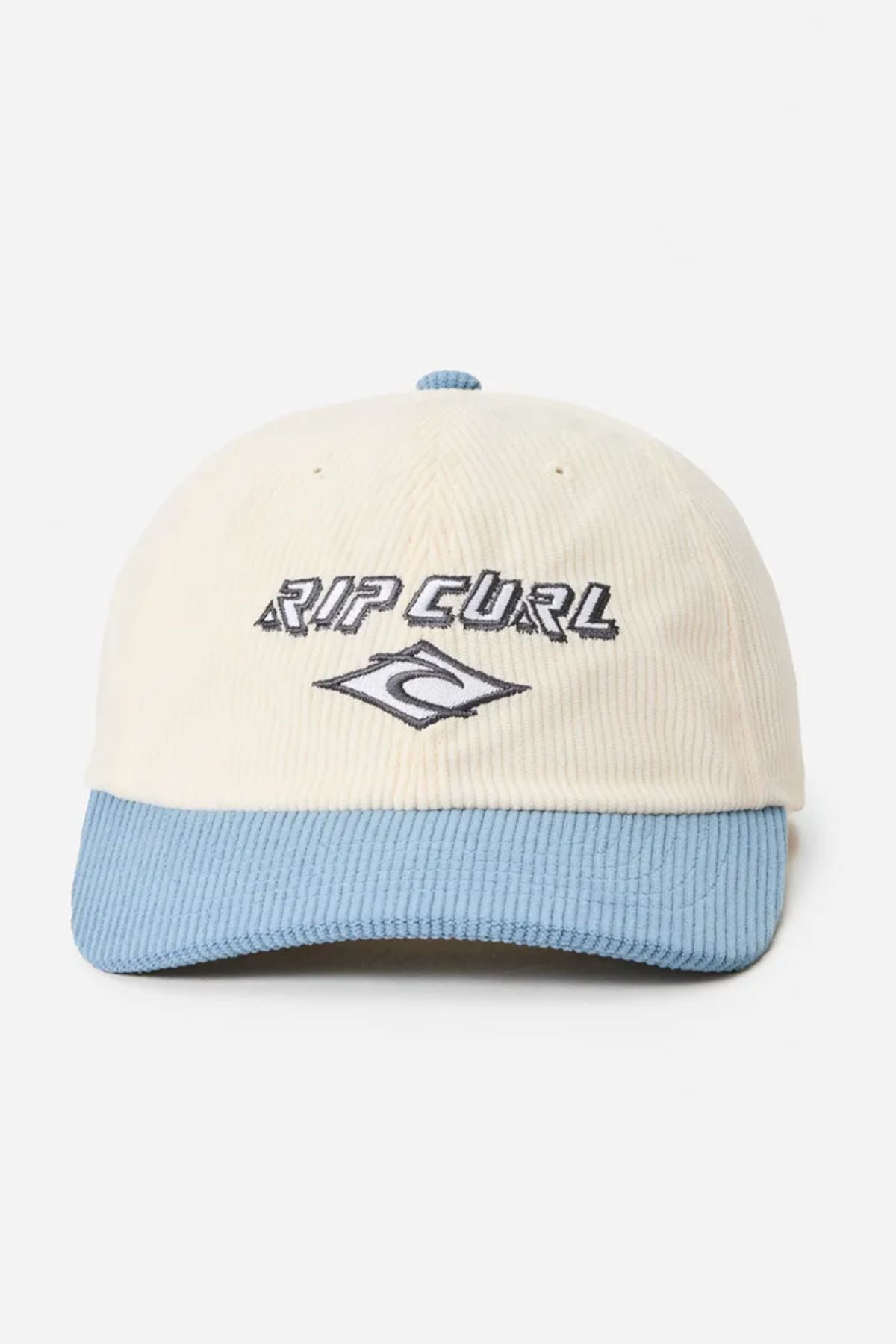 The Rip Curl Diamond 2.0 Adj Cap is a cream corduroy cap with a light blue brim. It features an embroidered "RIP CURL" logo and wave graphic on the front, offering a stylish low-profile look for everyday wear.