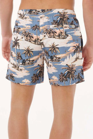 A person is seen from behind wearing Rip Curl Dreamers Volley shorts with a blue tropical palm tree and beach print. These quick-dry shorts feature an elastic waistband, back pocket with label, and are set against a plain white background.
