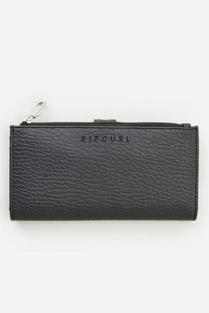 The Rip Curl Essentials II Phone Wallet is a black wallet crafted from textured material, showcasing a silver zipper and the "RIP CURL" logo embossed on the front. It includes a convenient mobile phone pocket and is displayed on a plain light background.