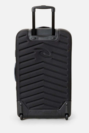 The Rip Curl F-Light Global 100L Search Camo Travel Bag is a black hard-shell suitcase with a diagonal-lined texture, two wheels, an extended telescopic handle, and an embossed logo—an eco-friendly choice for every journey.