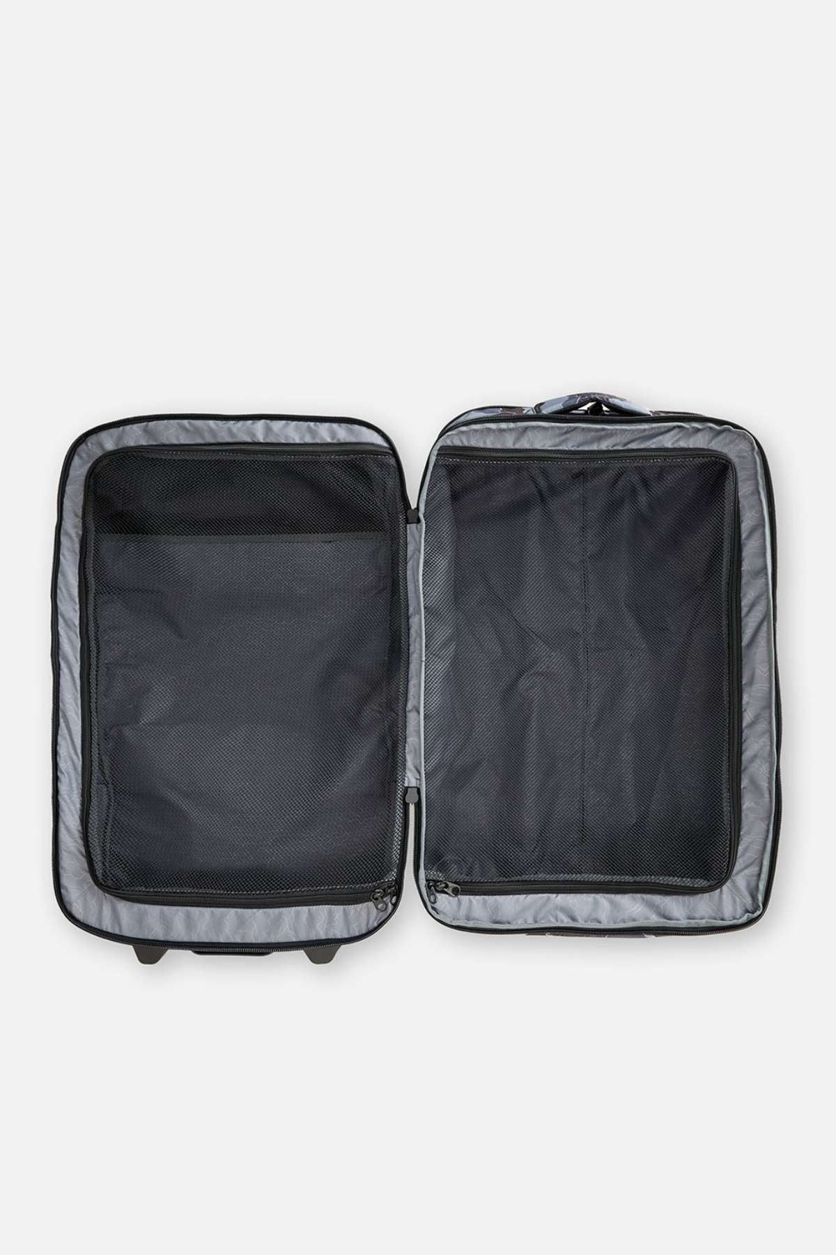 An open, empty Rip Curl F-Light Global 100L Search Camo Travel Bag with soft fabric lining and mesh compartments, crafted from recycled polyester, is displayed on a white background.