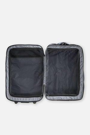 An open, empty Rip Curl F-Light Global 100L Search Camo Travel Bag with soft fabric lining and mesh compartments, crafted from recycled polyester, is displayed on a white background.