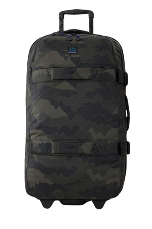 The Rip Curl F-Light Global 100L Search Camo Travel Bag features a black and dark green camouflage pattern, retractable handle, two wheels, and an AirTag sleeve, displayed against a white background.