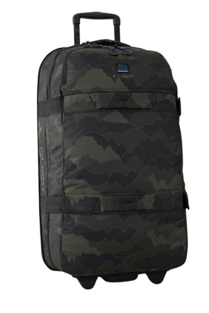 The Rip Curl F-Light Global 100L Search Camo Travel Bag, featuring a camouflage pattern, retractable handle, black straps, two wheels, and an AirTag sleeve for easy tracking, stands upright against a white background.