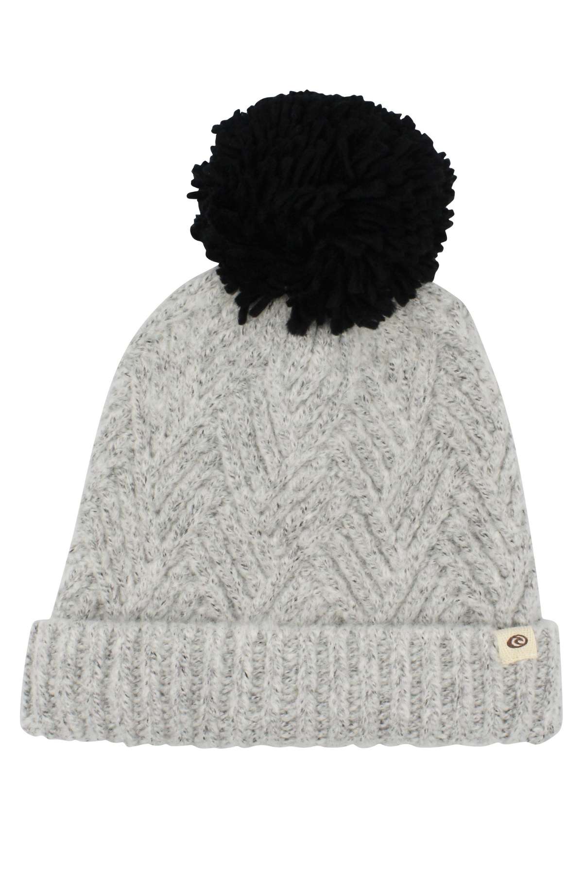 The Rip Curl Groundswell Pom Pom Beanie is a light gray knit beanie with a folded brim and a large black pom-pom on top, featuring a small circular logo tag on the brim.