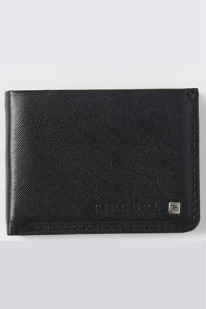 The Rip Curl Hi Rise RFID All Day Wallet is a sleek black leather accessory that offers RFID protection and a textured surface. It features a small metallic branding detail in the front corner displaying the Rip Curl logo, and has visible stitching along its edges.