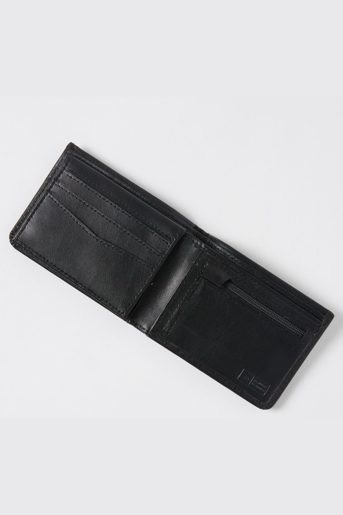 The Rip Curl Hi Rise RFID All Day Wallet is shown open on a white background, displaying the Rip Curl logo prominently. It features numerous card slots on the left side and a zippered pocket on the right, all equipped with RFID protection to ensure your essentials remain secure.