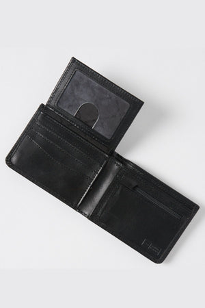 The Rip Curl Hi Rise RFID All Day Wallet is displayed open, revealing multiple card slots, a transparent ID window, and a zippered coin pocket. It features RFID protection and the Rip Curl logo against a light gray background.