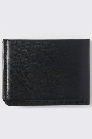 The Rip Curl Hi Rise RFID All Day Wallet, designed in black leather with a textured surface, rests folded closed against a plain white background.