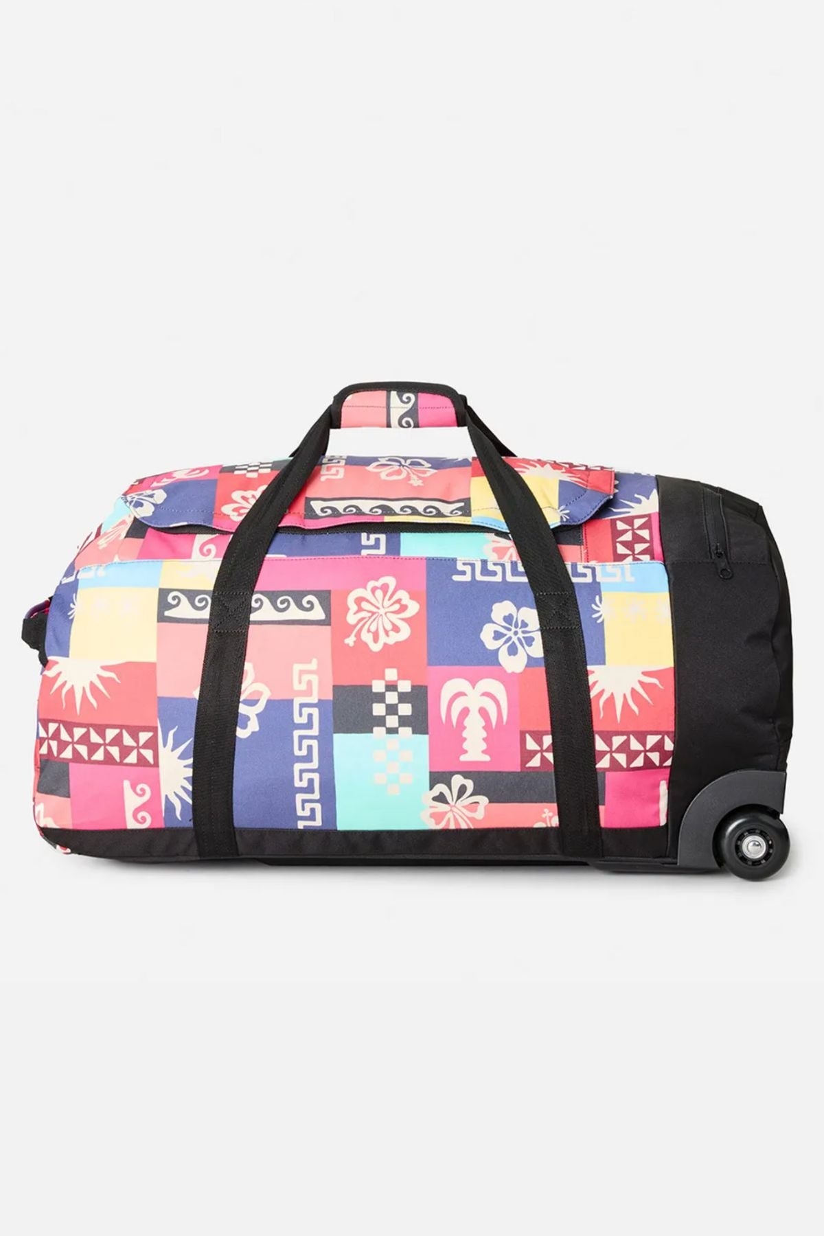 The Rip Curl Jupiter 80L Mixed Travel Bag features black handles and wheels, a vibrant patchwork of tropical and geometric prints, and is made from recycled polyester for stylish, sustainable travel.