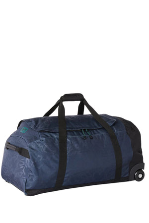 Large dark blue Rip Curl Jupiter Archive 80L rolling duffel bag with black straps, zippers, and wheels.