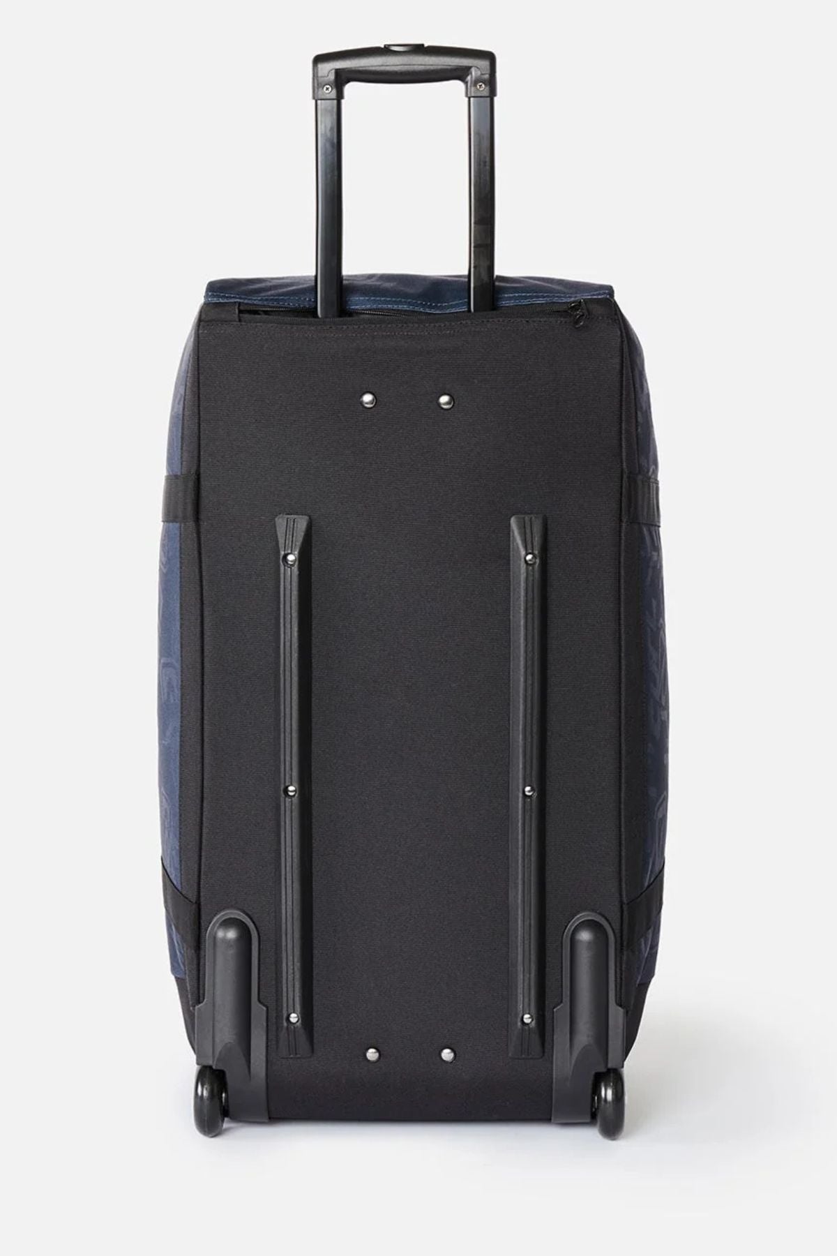 Back view of a Rip Curl Jupiter Archive 80L rolling duffel bag, featuring a retractable handle and two wheels at the base.