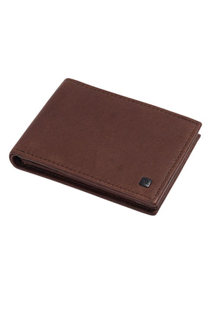 The Rip Curl K-Roo RFID Slim Wallet is a closed, brown wallet made from kangaroo leather with minimal stitching and a small black square logo in the corner, shown on a white background.