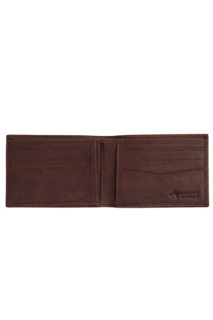 The Rip Curl K-Roo RFID Slim Wallet, crafted from brown kangaroo leather, features multiple card slots, RFID protection, and an embossed logo on the bottom right corner, displayed against a white background.