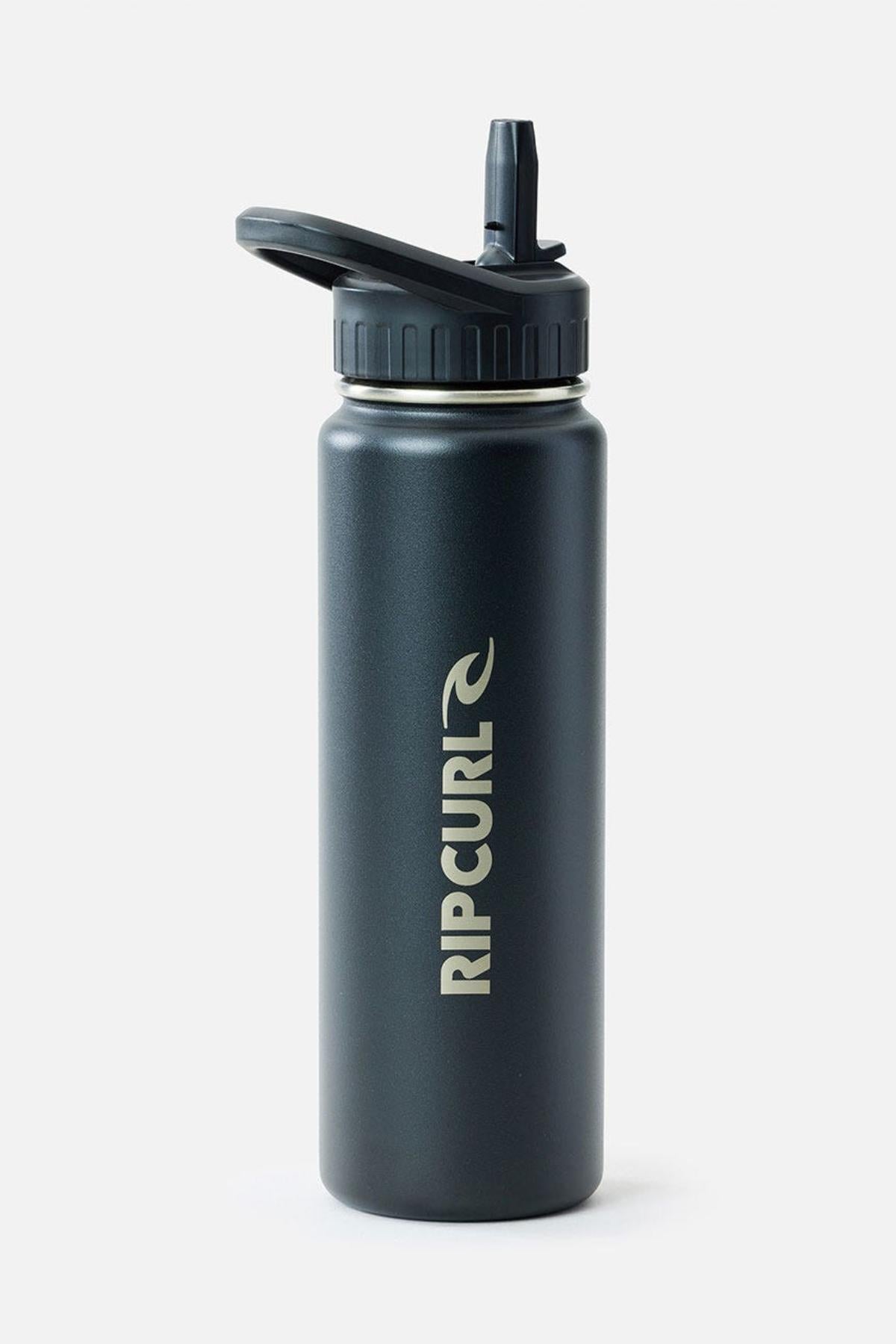 The Rip Curl Logo Drink Bottle 710ML is a black stainless steel, double-walled insulated bottle with a flip-top straw lid and βRIP CURLβ printed vertically in white on the side.