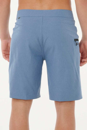 A person is shown from the waist down wearing Rip Curl Mirage Core Boardshorts in light blue, featuring a small zippered pocket on the right side against a plain white background.