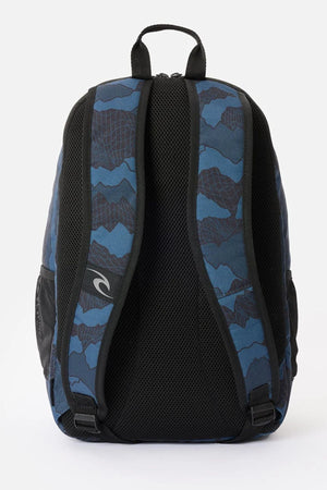 Back view of a Rip Curl Ozone 30L Camo Check Backpack in blue and black camouflage, featuring mesh shoulder straps and a black mesh back panel.