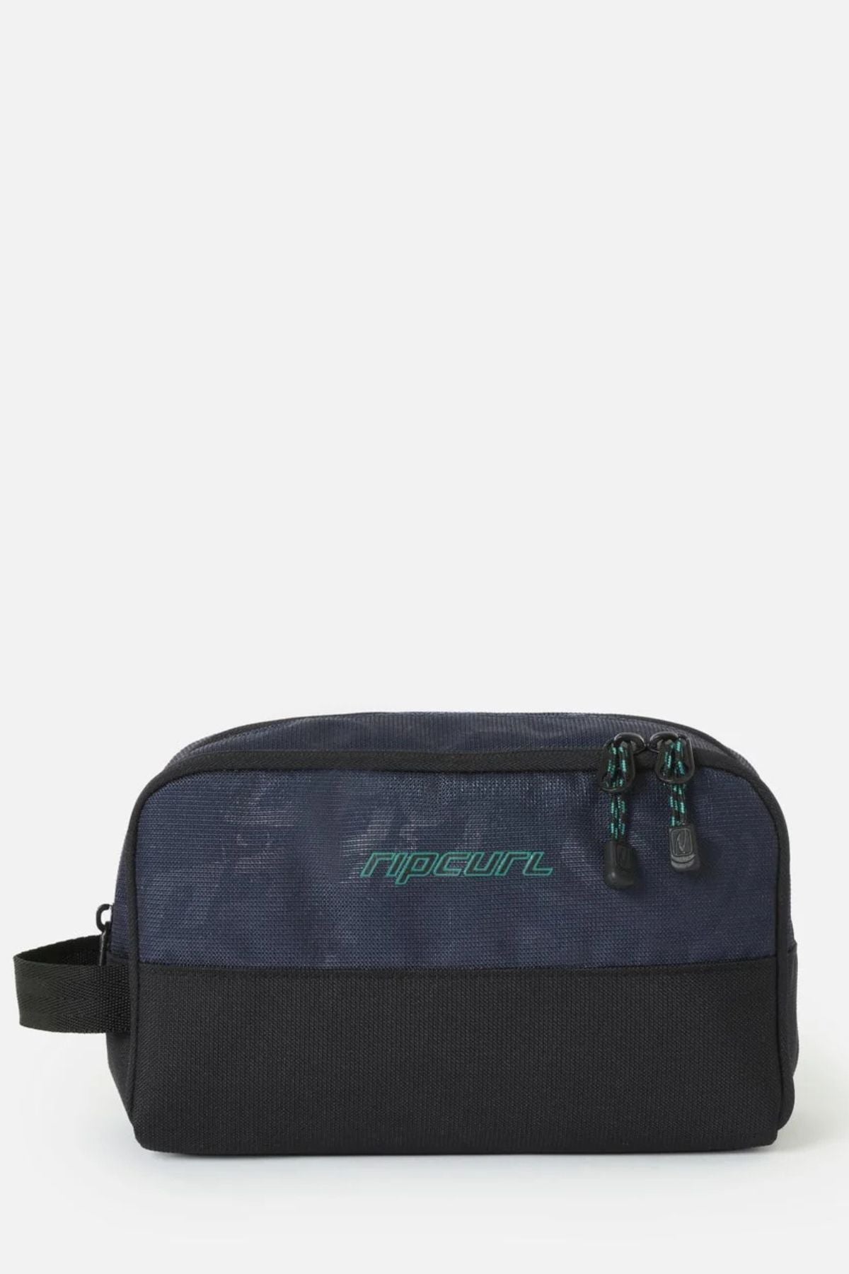 A navy blue and black Rip Curl Archive Groom Toiletry Bag with a side handle, a zippered top, and a green logo.