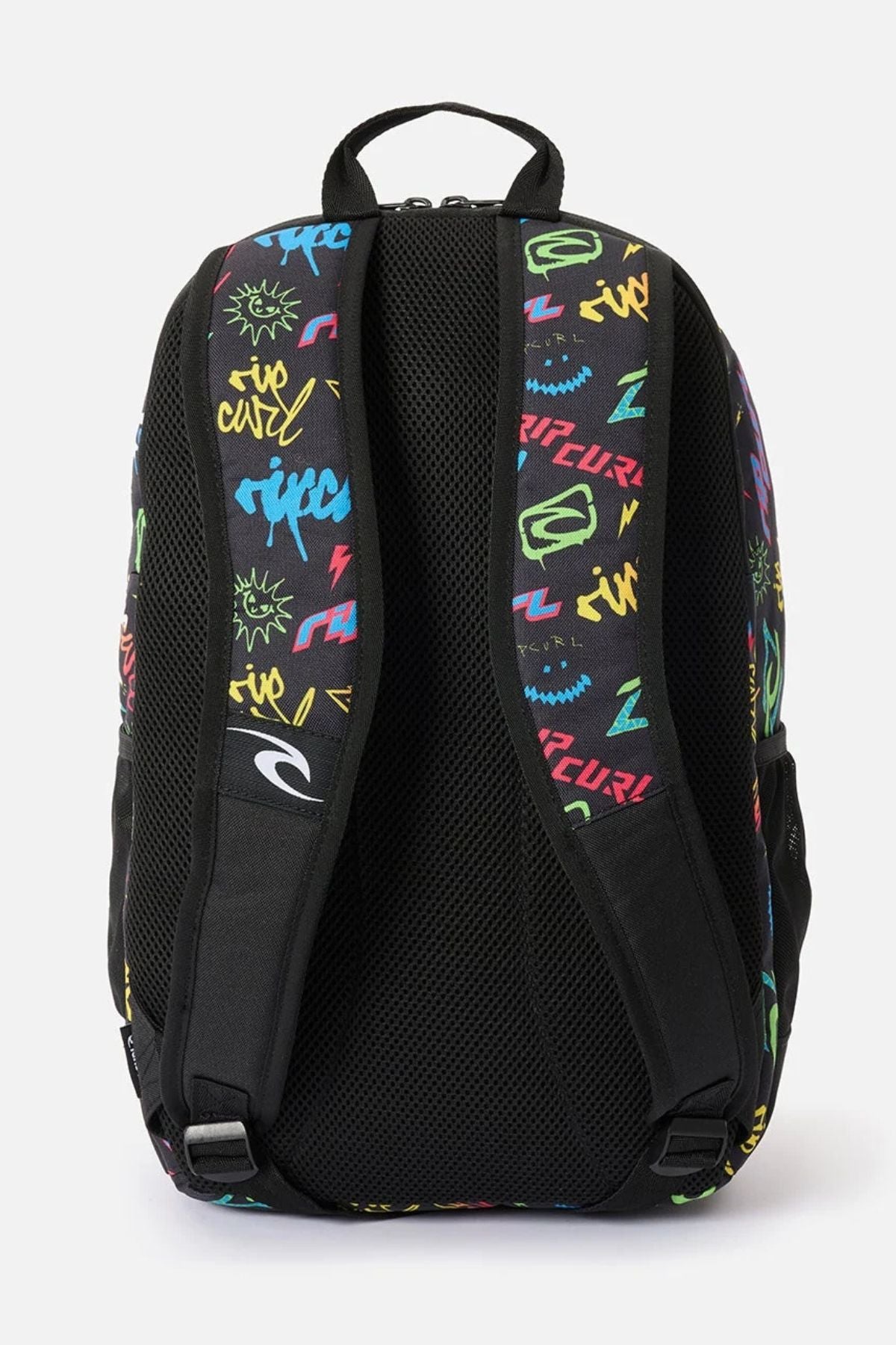 Back view of a black Rip Curl Ozone Boy 30L Backpack featuring mesh straps and a colorful graffiti-style pattern with swirls, suns, and lightning bolts.