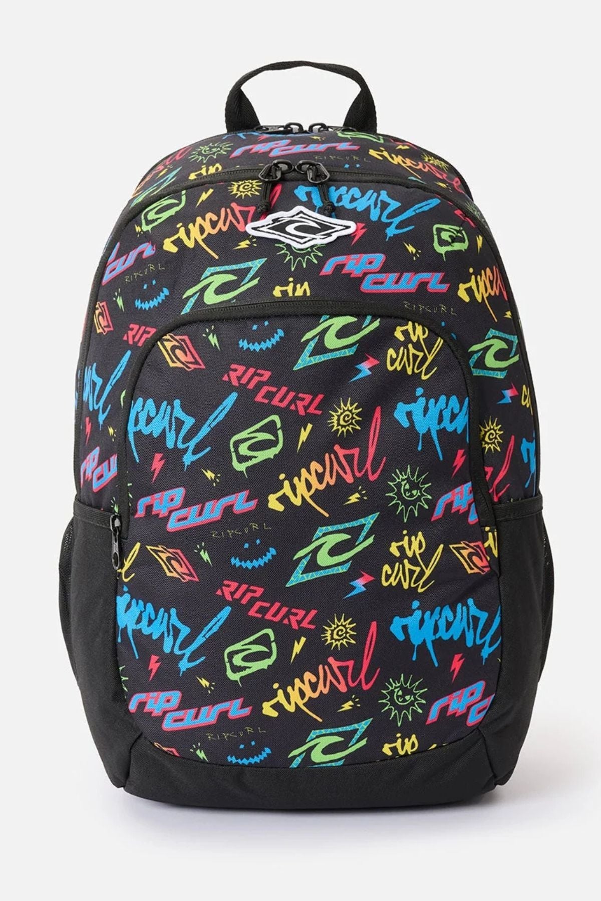 Black Rip Curl Ozone Boy 30L backpack with a multicolored graffiti-style pattern featuring text, lightning bolts, and sun icons.