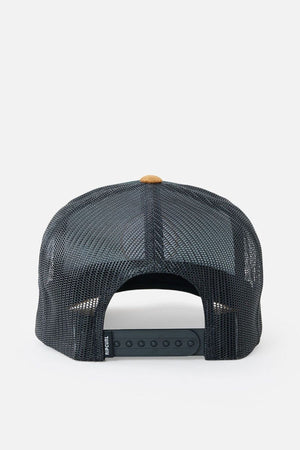 The Rip Curl Routine Curve Trucker is a black mesh cap, ideal for outdoor activities, shown from the back. It boasts a curved brim and an adjustable snapback closure on a plain white background.