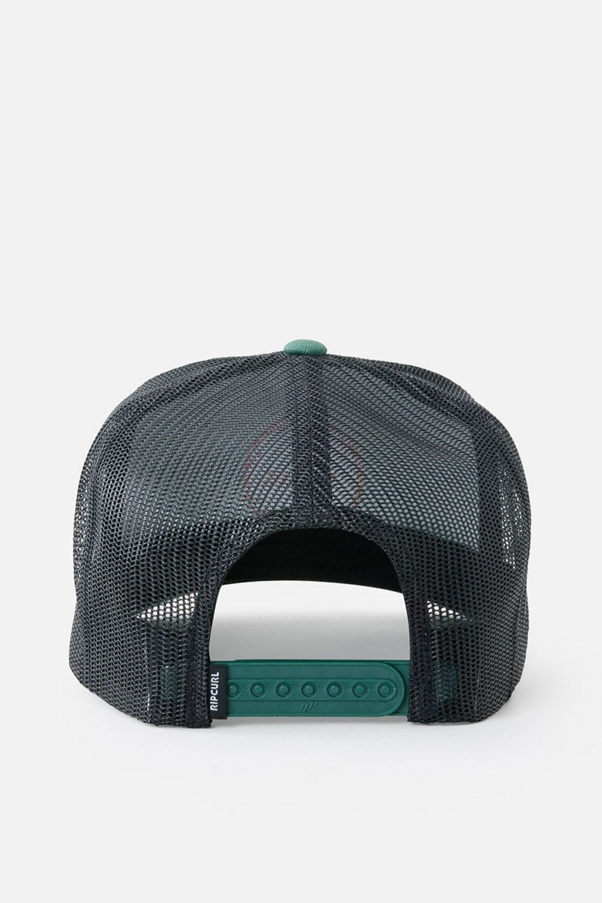 Rip Curl Routine Curve Trucker hat with a black mesh design and a green snapback closure, shown from the back. Perfect for outdoor activities, it includes a round green button on top and a partially visible fabric logo tag on the left side of the adjustable strap.