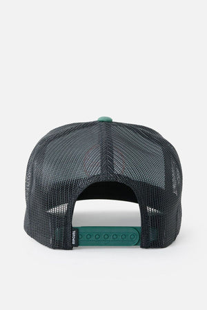 Rip Curl Routine Curve Trucker hat with a black mesh design and a green snapback closure, shown from the back. Perfect for outdoor activities, it includes a round green button on top and a partially visible fabric logo tag on the left side of the adjustable strap.