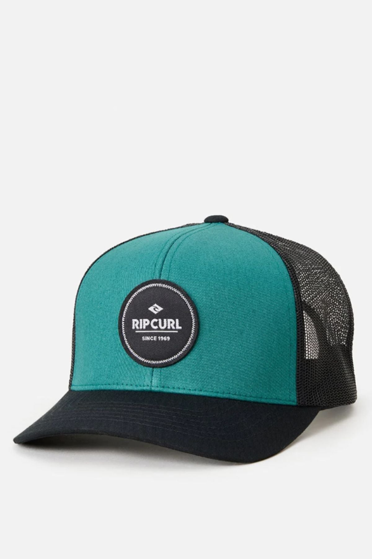 The Rip Curl Routine Curve Trucker hat features a teal and black design with a black mesh back, cotton twill front, center "Rip Curl" logo patch, curved brim, and structured crown for classic trucker style.