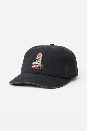 The Rip Curl Searchers SB Cap is a black cotton twill hat with an embroidered "Search Rip Curl" graphic in red and beige on the front. This unstructured cap features a curved brim and a top button.