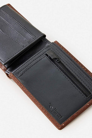 The Rip Curl Surf Revival RFID All Day Wallet is open, displaying multiple card slots, RFID protection against digital theft, a zippered coin pocket, and visible stitching that showcases its quality craftsmanship.