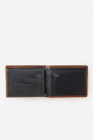 The Rip Curl Surf Revival RFID All Day Wallet, shown open on a white background, features brown and black leather, multiple card slots on the left, a zippered pocket on the right, and RFID protection to help safeguard your cards.