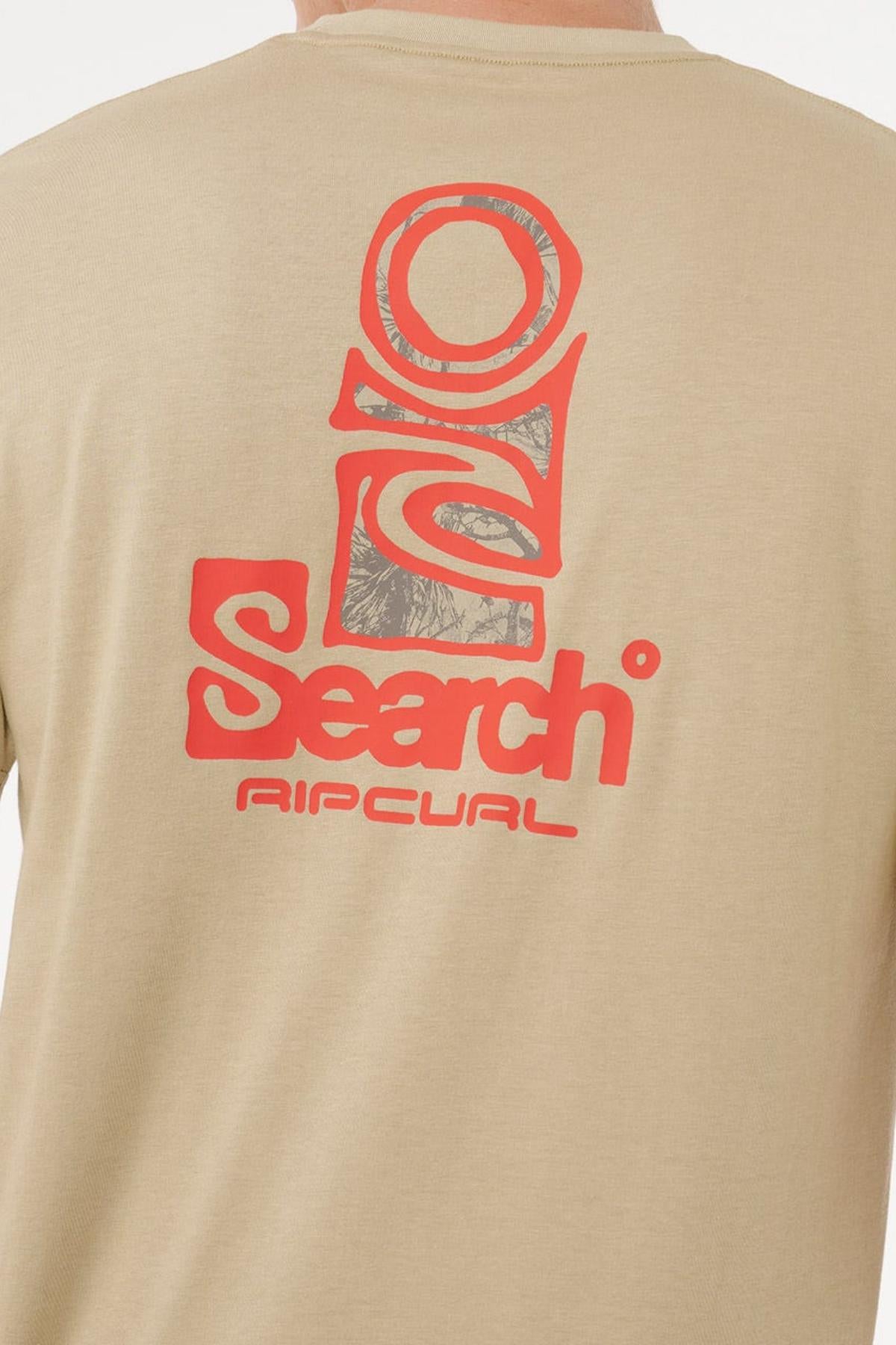 Back view of the beige Rip Curl Vaporcool Search Stack Tee, featuring a large red “Search” and “Rip Curl” graphic with an abstract circular design above—designed for moisture control and long-lasting freshness.