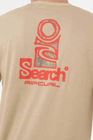 Back view of the beige Rip Curl Vaporcool Search Stack Tee, featuring a large red “Search” and “Rip Curl” graphic with an abstract circular design above—designed for moisture control and long-lasting freshness.