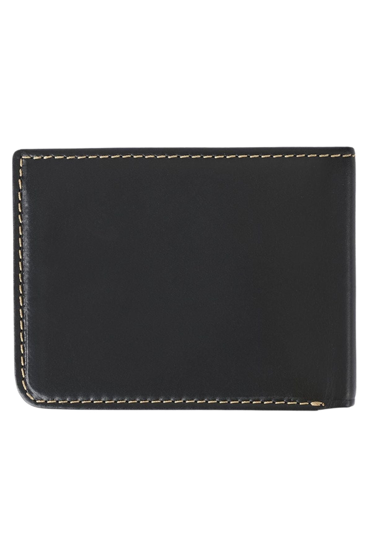 A closed black Rip Curl Wetsuit Logo RFID All Day Wallet with visible yellow stitching along the edges, shown against a white background.