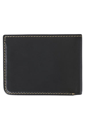 A closed black Rip Curl Wetsuit Logo RFID All Day Wallet with visible yellow stitching along the edges, shown against a white background.