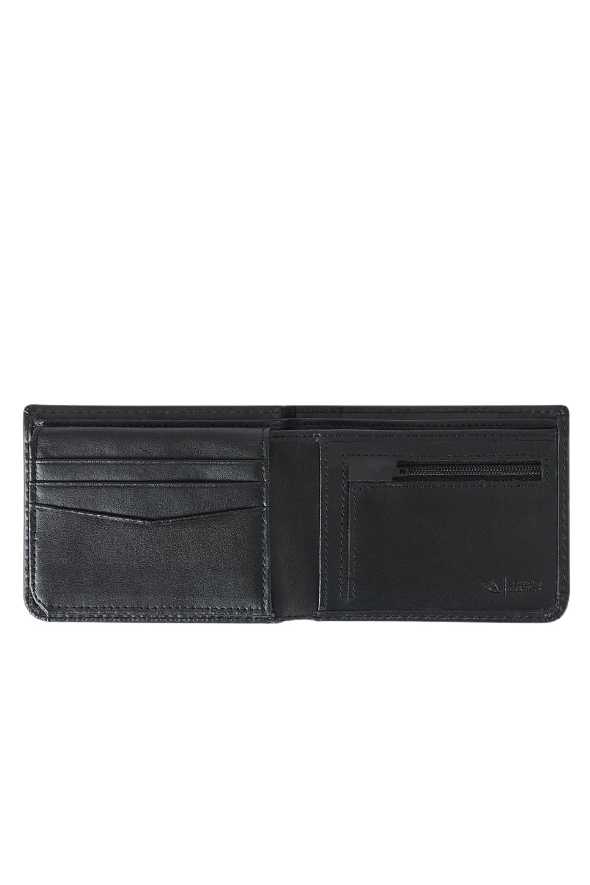 The Rip Curl Wetsuit Logo RFID All Day Wallet in black leather opens to reveal left-side card slots and a right zippered coin pocket. Its simple, functional interior ensures added security with built-in RFID protection.