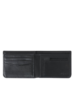 The Rip Curl Wetsuit Logo RFID All Day Wallet in black leather opens to reveal left-side card slots and a right zippered coin pocket. Its simple, functional interior ensures added security with built-in RFID protection.